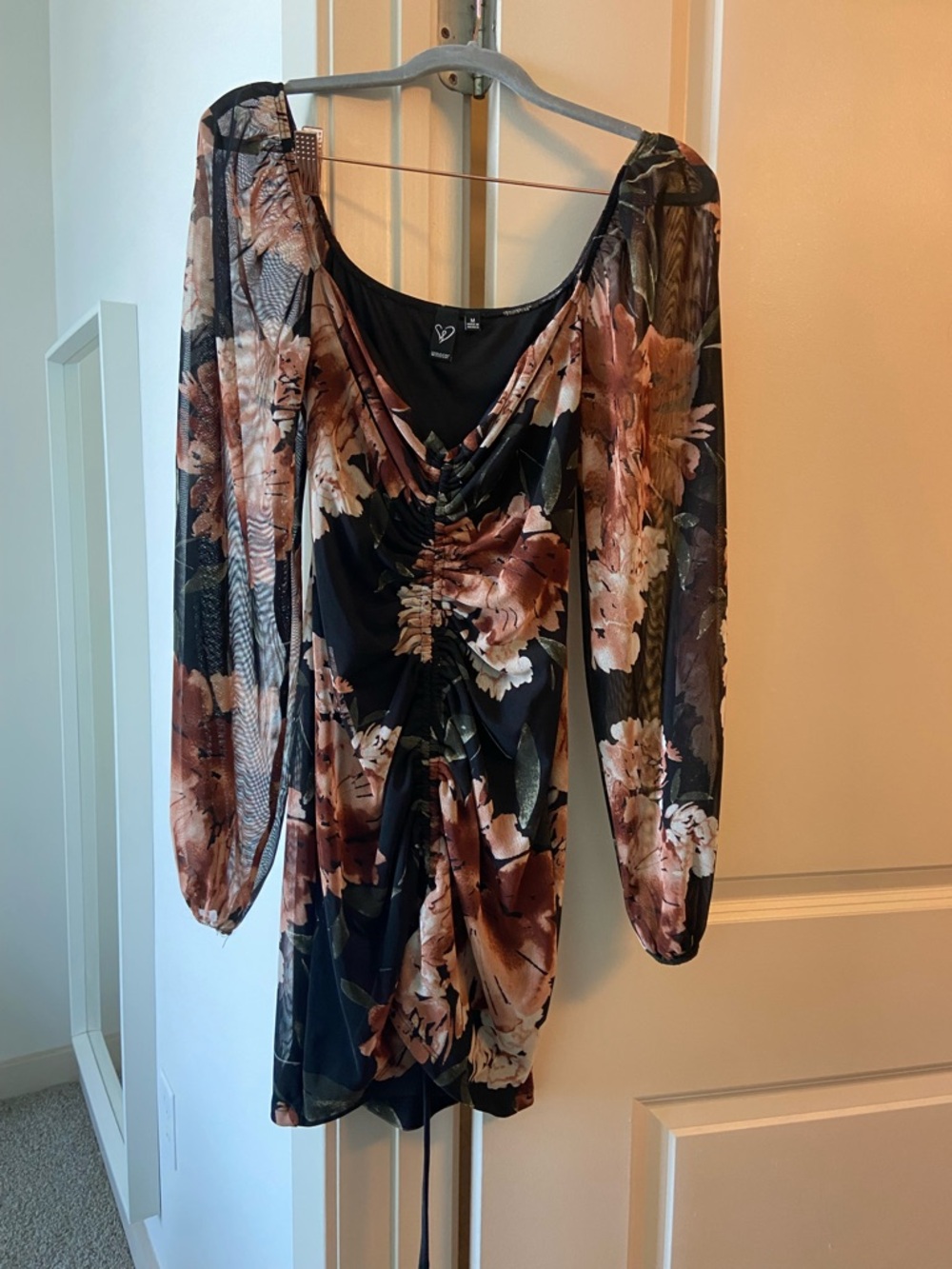 Windsor Black Floral Ruched Long-Sleeve Mini Dress